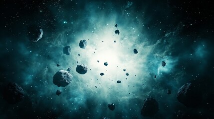 Asteroid Field Navigation, A spaceship maneuvers through a dense asteroid field, set against a vibrant cosmic backdrop, 3D digital art