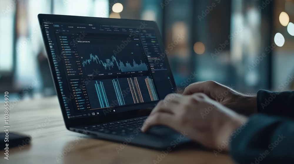 Poster a person analyzing data on their laptop, with the screen showing graphs and tables of traffic analyt