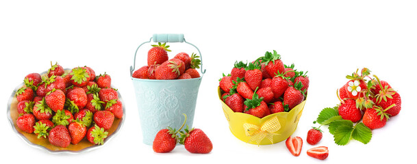 Ripe strawberries in a decorative bucket and bowl isolated on white. Collage. Free space for text. Wide photo.