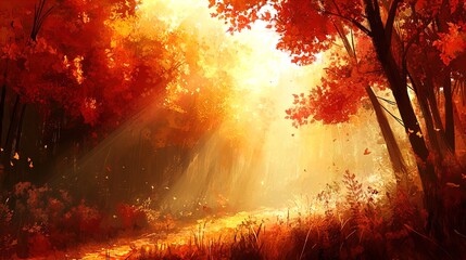 Fototapeta premium A picturesque autumn scene depicts a forest bathed in warm, golden light. Tall trees with vibrant red and orange leaves line a soft, winding path. Sunlight filters through the foliage, creating a drea