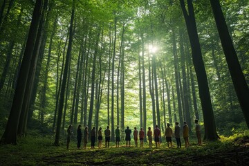 Fototapeta premium A group of people practicing forest bathing, standing in a circle beneath a canopy of tall trees, quietly meditating and embracing the silence and healing energy of the forest around them