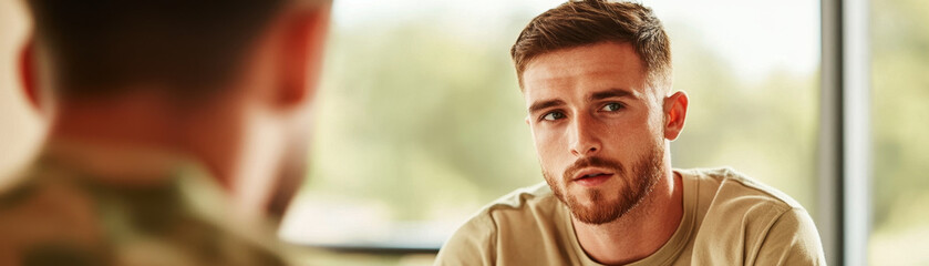 Obraz premium military psychologist is encouraging veteran to share feelings during supportive conversation. atmosphere is calm and focused, promoting emotional well being