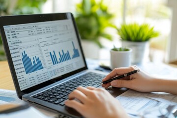 Businesswoman Working On Laptop Computer With Charts and Graphs