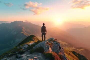 Fototapeta premium A person stands at the summit of a mountain, admiring the stunning landscape under a summer morning sun