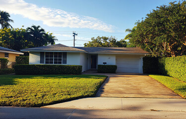 the front view of an urban, single-story house in Miami Beach with white walls and concrete accents, lush green landscaping, and a backyard. The house has modern windows and doors on its sides and is 