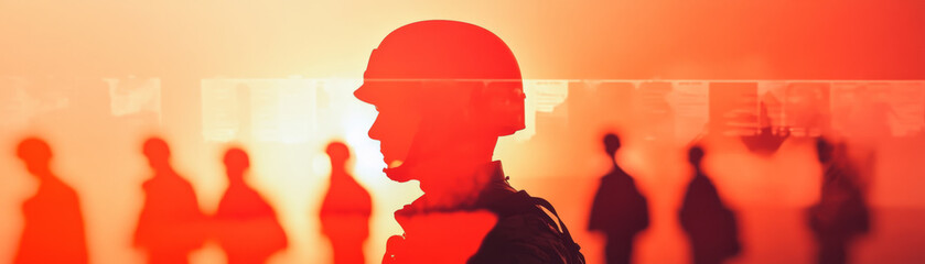 soldier stands in silhouette against vibrant sunset, surrounded by blurred figures representing veterans. scene evokes sense of honor and reflection on history