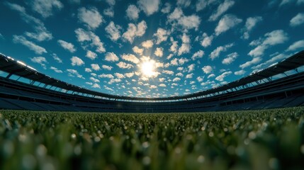 A wide-angle shot of a 5G-enabled stadium during a live event, vast seating and sky