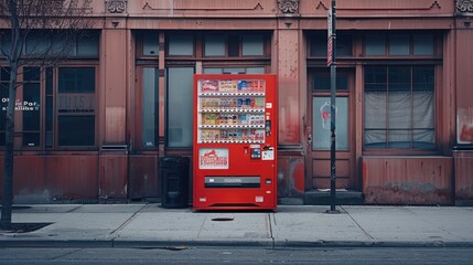 Fototapeta premium City streetscape, minimalist red and white vending machine that dispenses items for life's little inconveniences.
