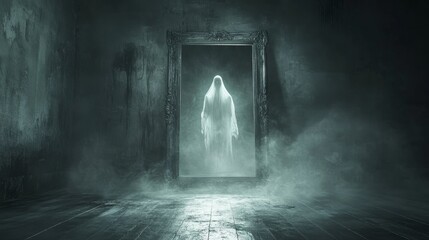 Ghostly Reflection in a Dim Room, an eerie mirror reveals a spectral presence, captivating and chilling atmosphere, haunting allure
