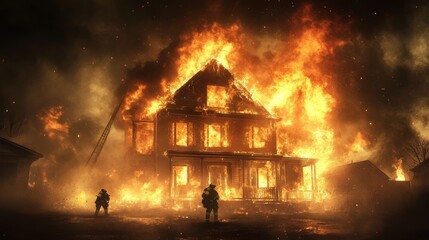 Urban Fire Emergency, firefighters battling a blaze in a cityscape, showcasing teamwork and urgency in a dramatic 3D scene