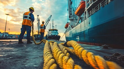 Workers fastening mooring lines to a dock as a vessel arrives at the port.