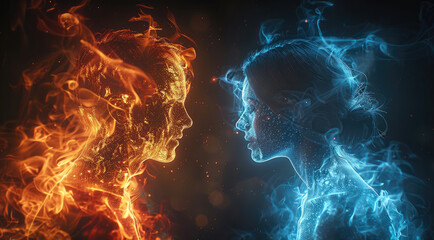 The silhouettes of a young man and a young woman in a black digital void. young man is outlined by blue crackling energy. young woman is bathed in fire.