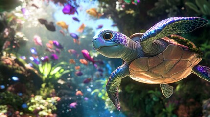 A cute cartoon sea turtle swims in a colorful underwater world, surrounded by fish and coral.