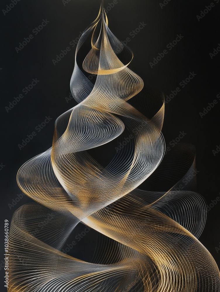 Aufkleber golden and silver lines twist together, creating a striking silhouette of a christmas tree on a dark