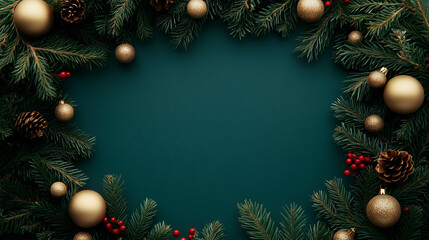 Festive Christmas Wreath with Golden Baubles and Pine Cones on a Deep Green Background. Elegant Holiday Decoration Close-up with Space for Text