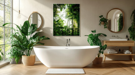 A white bathtub is placed on the wooden floor of an open bathroom, with large green plants and mirrors hanging in front of it.
