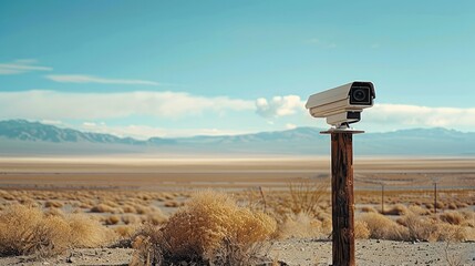 A weather resistant surveillance camera installed at a remote border checkpoint in a desert.