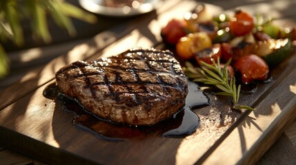 A succulent grilled steak with perfect grill marks, served on a rustic wooden cutting board, Steak positioned at an angle
