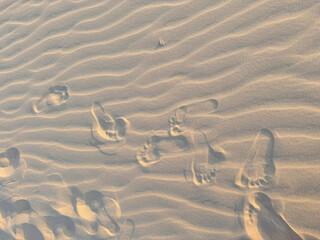 Footprints in the sand with waves on the Lençóis Maranhenses dune.