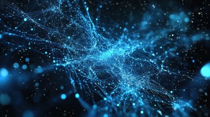 Fototapeta premium Abstract technology background using blue and black shades, intersecting lines and dots symbolizing networks and data