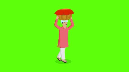 Full body village man walking animation with green screen . Cartoon 2d young village man walking looped