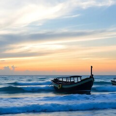 Fototapeta premium The moment the sun sets on the beach with the boat object adds to the beauty