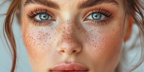 Fototapeta premium Close-up Portrait of a Woman with Freckles and Blue Eyes