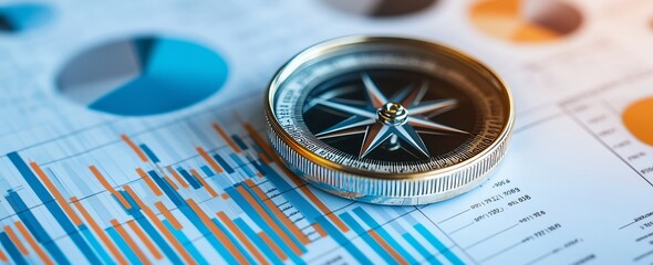 A compass placed on financial charts highlights business strategy and analysis, suggesting direction and insight.