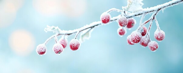 Frost-covered berries on a snow-laden branch, delicate winter beauty