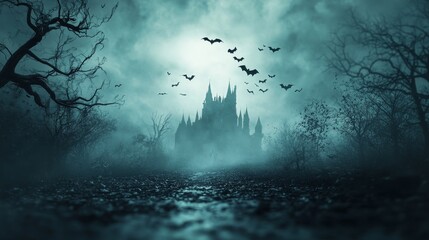 Haunted Castle at Night, eerie architecture shrouded in darkness, bats soaring through the moonlit sky, an atmosphere of suspense and mystery