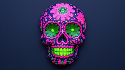 Obraz premium Festive luminous sugar skull color concept. A vibrant decorated skull featuring floral patterns in bright colors on a dark background symbolizing life and death