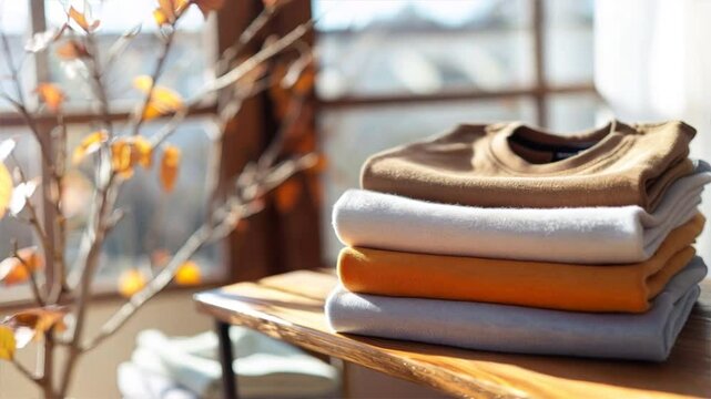 Cozy stacked sweaters in warm colors create serene home interior, enhanced by autumn leaves and natural light, evoking casual atmosphere of comfort and seasonal change.