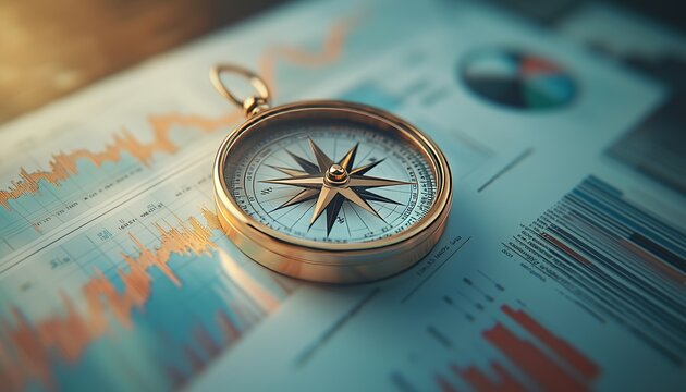 Golden compass sits on financial documents with graphs and charts, offering direction in market analysis. - Powered by Adobe