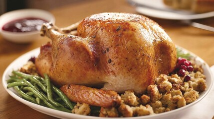 A succulent roasted turkey with a golden-brown skin, served with cranberry sauce, stuffing