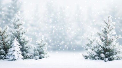 Frosty pine trees with snowflakes gently falling, peaceful winter vibe