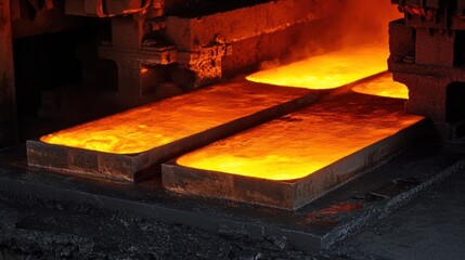 A steel foundry with glowing molten steel, ready to be cast into various shapes for industrial use.