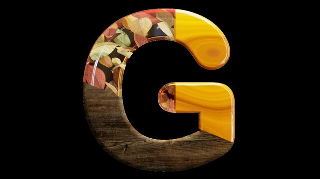 alphabetic capital letter G with falling leaves, transparent background, loop, endless
