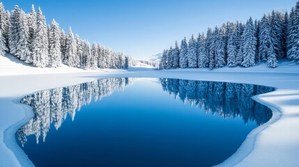 Frozen lake reflecting snow-covered trees, serene winter landscape