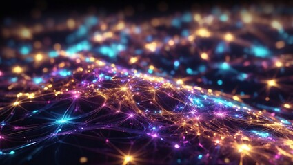 Obraz premium A digital network of data and information, flowing through a virtual world, creating a complex and interconnected web of knowledge. Science and technology concept. Connections idea. Copy space. 