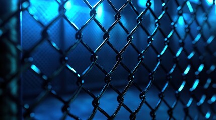 Fototapeta premium Close-up of the fence of an MMA octagon with blue background. The ring is empty and illuminated.