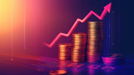 Coins money stacking with up arrow and percentage symbol for financial banking increase interest rate or mortgage investment dividend from business growth concept