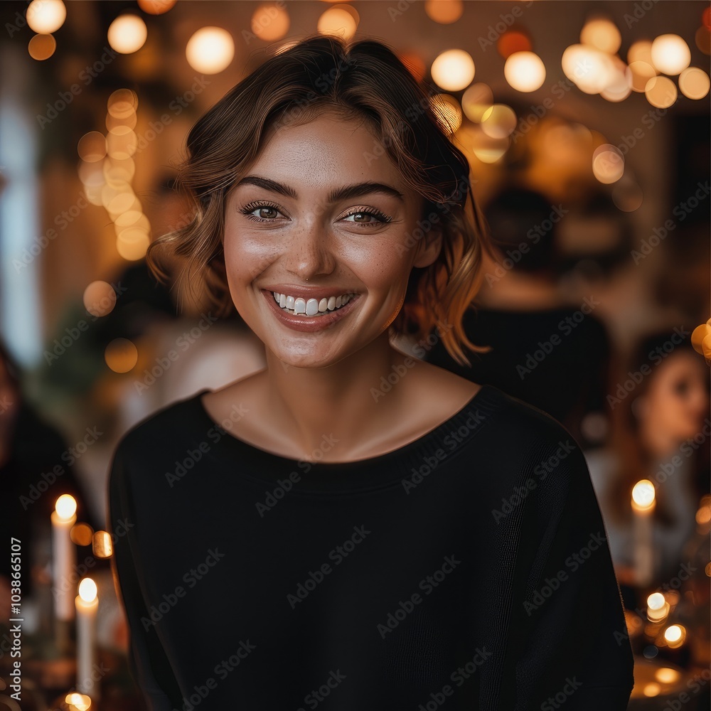 Wall mural A beautiful smiling woman with short hair at a Christmas party with other people. A Christmas themed party, with warm lighting can be seen in the background.