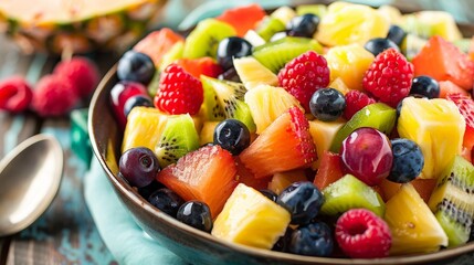 Close-up of a colorful fruit salad with pineapple, kiwi, strawberries, raspberries, and blueberries.