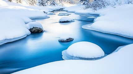 Frozen stream with snow-covered rocks, capturing the quiet of winter