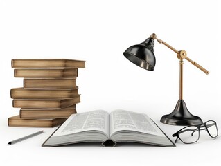 A minimalist reading desk with an open book, reading glasses, and a desk lamp on a white background