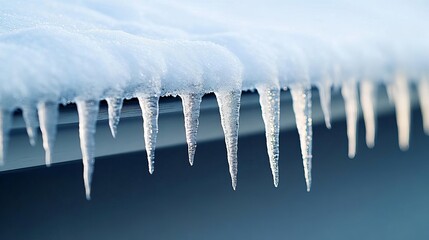 Icicles forming on the edge of a snowy roof, capturing winter s beauty