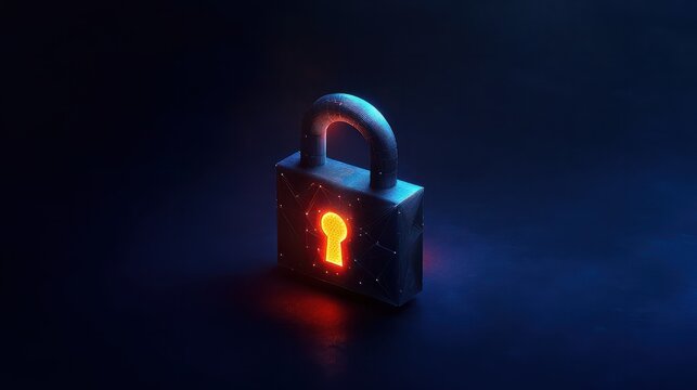 Cybersecurity and digital data protection theme featuring a small padlock with binary polygon interconnects on a dark blue background