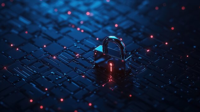 Cybersecurity and digital data protection theme featuring a small padlock with binary polygon interconnects on a dark blue background