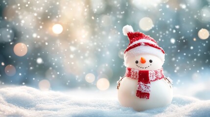Fototapeta premium Christmas Winter Background with Cute Snowman Snowflakes in Soft Focus