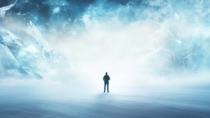 Glacier Researcher Utilizing Holographic Technology in Icy Landscape, Emphasizing Climate Change and Digital Innovation